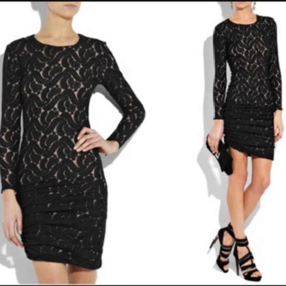A.L.C. Scarlett Lace Black Nude Cashmere Ruched Dress